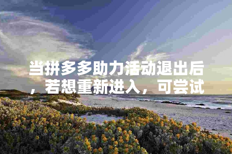 当拼多多助力活动退出后，若想重新进入，可尝试通过拼多多的官方应用或网站，利用之前参与活动的账号登录，通常在活动页面会有恢复助力或类似的选项供您点击，以便继续参与活动。