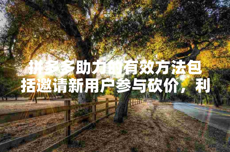拼多多助力的有效方法包括邀请新用户参与砍价，利用社交媒体广泛传播，以及加入互助群组相互帮助。