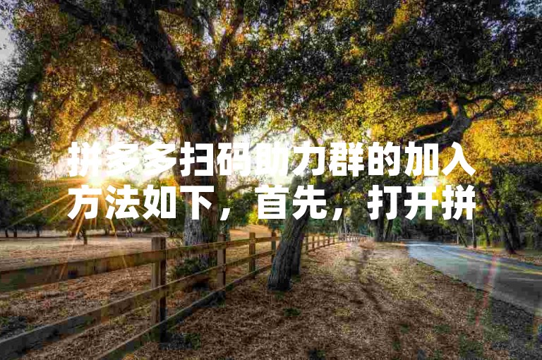拼多多扫码助力群的加入方法如下，首先，打开拼多多应用，点击右下角的我的选项，然后在弹出的页面中选择邀请好友助力。接着，系统会生成一个二维码，你可以通过微信、QQ等社交软件将此二维码分享给朋友或家人。他们扫描这个二维码后，就可以加入你的助力群了。
